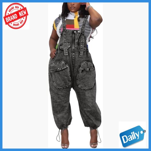 Loose Fit Denim Overalls with Cargo Pockets Wide Leg Jumpsuit
